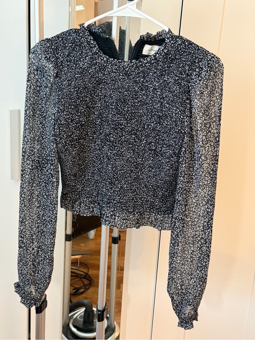 Aritzia Wilfred Black and White Smocked Floral Blouse